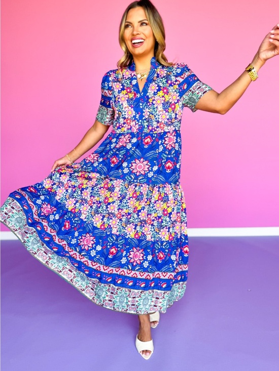 Gigio Dresses & Skirts - GGO Bright Blue Floral Tiered Midi Dress